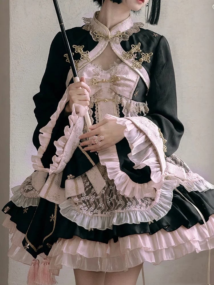 Black and Pink Chinoiserie Style Corset Dress Qi Lolita JSK Set