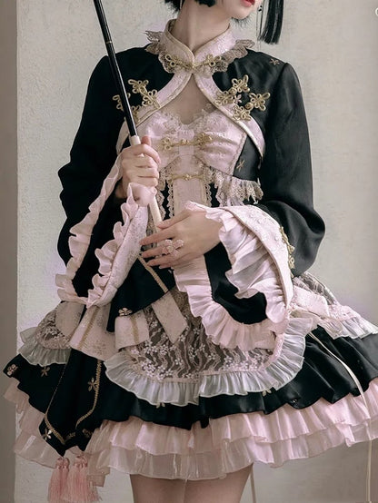 Black and Pink Chinoiserie Style Corset Dress Qi Lolita JSK Set