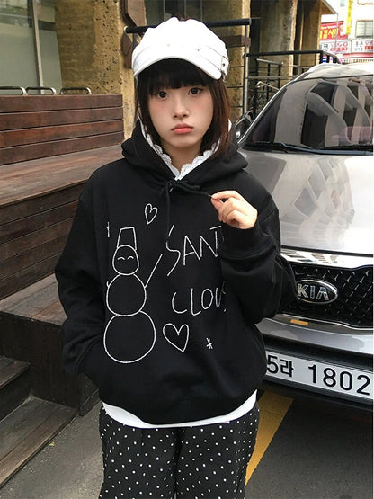 White / Snowman Hoodie Fleece-Lined with Black Bead Lace-Trimmed Hood and