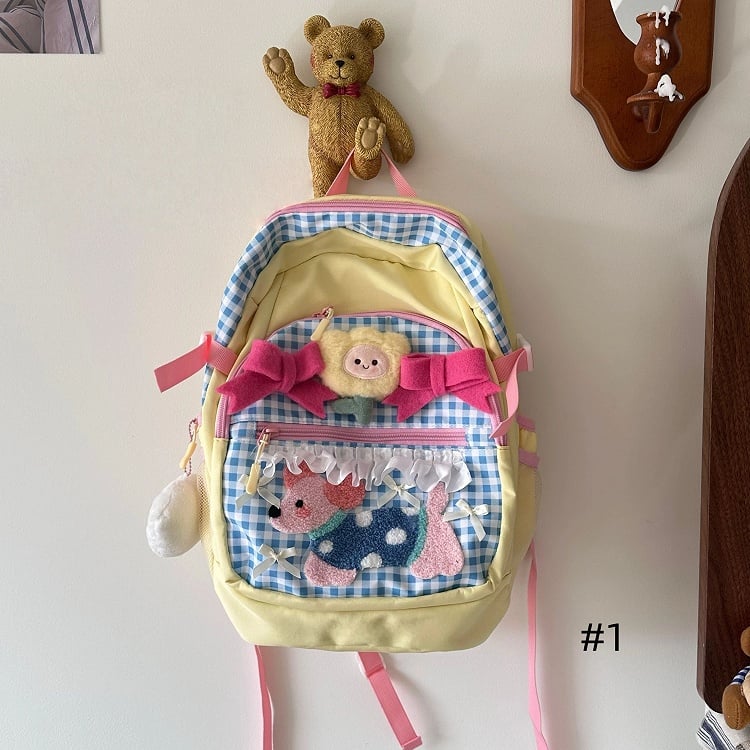 Backpack with Applique Plaid Preppy Puppy Yellow Blue Sporty Plush