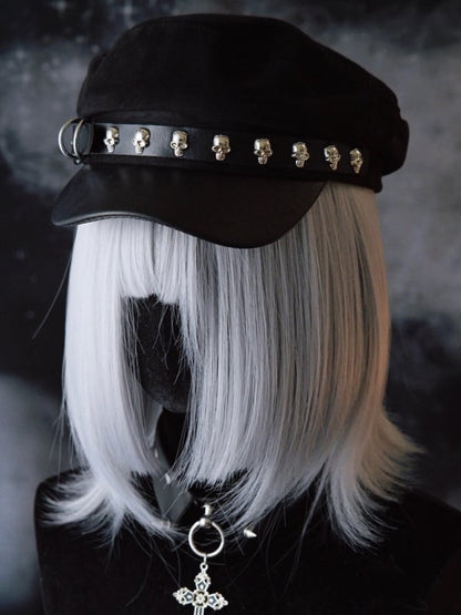 Beret Design Skeleton Decorated Buckle Black Hat Gothic