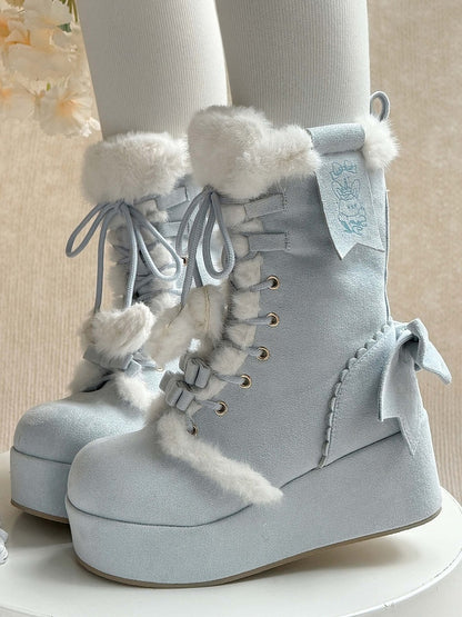 Interior Plush Boots - 4cm Platform Sole Sweet For Lolita Blue Snow with