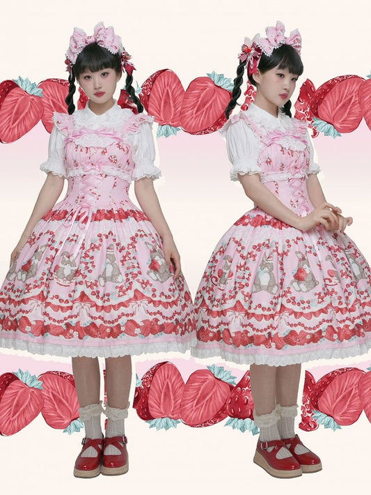 Cottagecore Erdbeer- und Hasendruck, Schnürung vorne, rosa Pulloverrock, Country-Lolita-Kleid mit Flatterärmeln