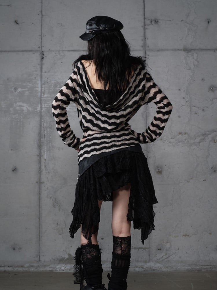 with Hem PU Asymmetrical Flair Skirt Black Studded Punk Edgy Lace Patchwork