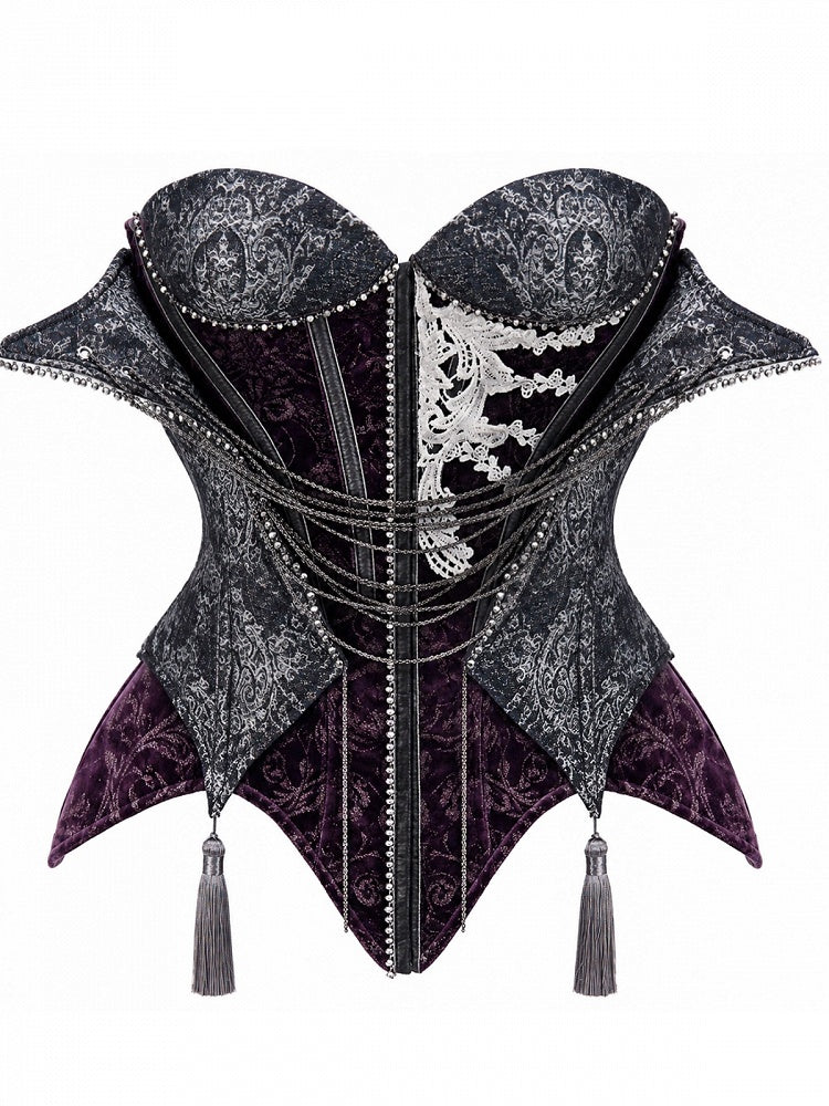 Dark Gray & Purple Chain Jacquard Velvet Boned Corset with Built-In Cups - Blood Supply