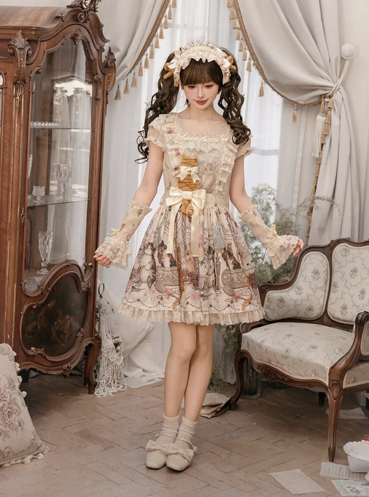 Beige Cat Print Square Neckline Sweet Lolita JSK Dress with Plush Cat Patch - NyaNya