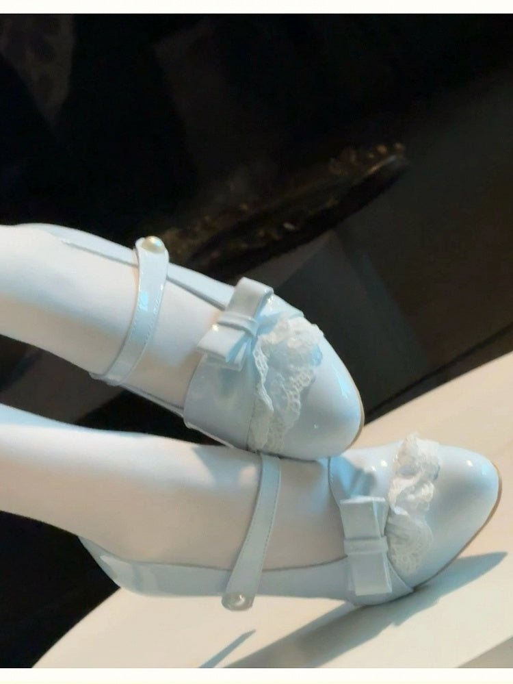 Lolita Style Sweet - with PU Lace Detachable Blue Heels Trim Leather