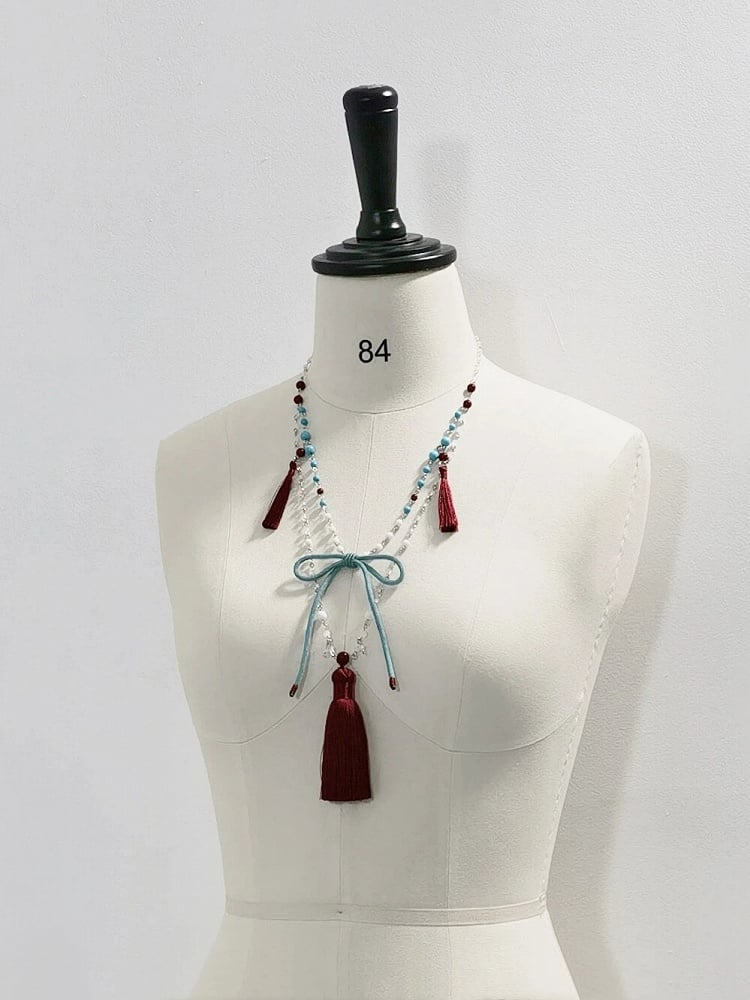 Red Pendants with Tassel Beaded Necklace Style Chinoiserie