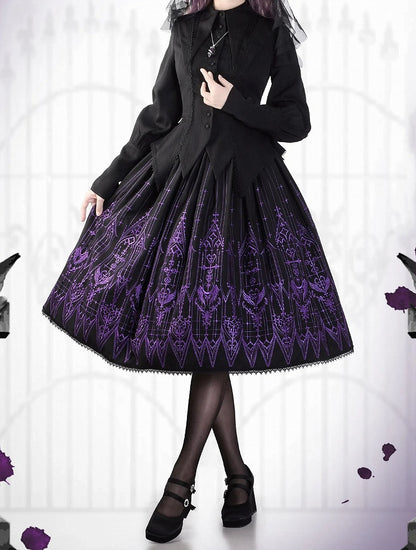 Schwarzer Gothic Lolita Cathedral Glasrock Stickerei Lila