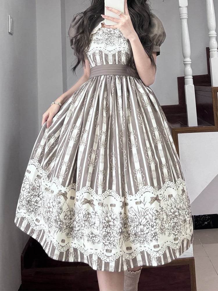 Skirt Classic Brown Long Jumper Print and Clock Lolita Floral Version