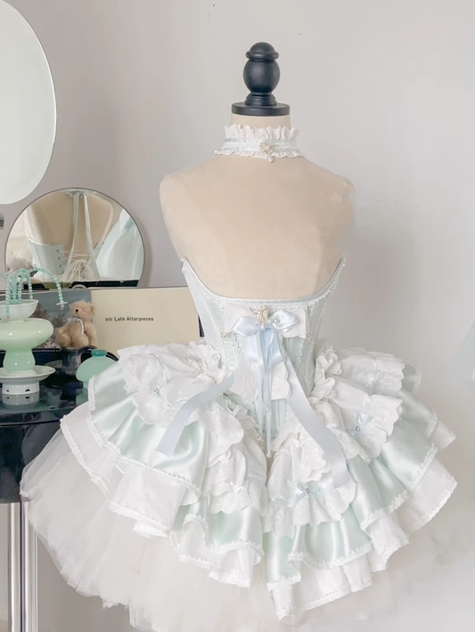 Korsettgürtel mit Schleppe, gestufte Rüschen, Satin, Hime Lolita, Hellgrün