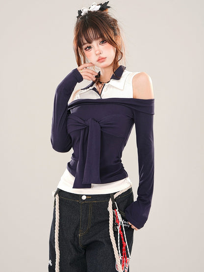 Marineblaues Patchwork-Top mit Krawattenakzent und Cut-Out-Schulter