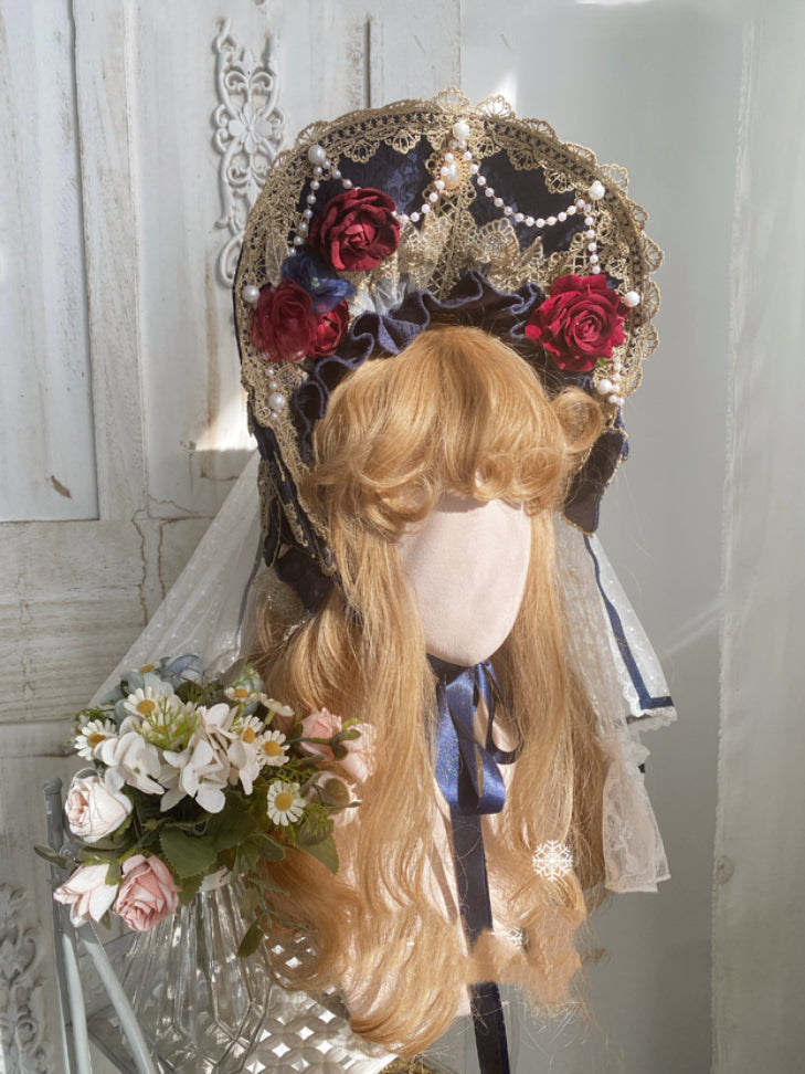 Dark Blue and Red Chain Bonnet Bead Flowers Lolita with