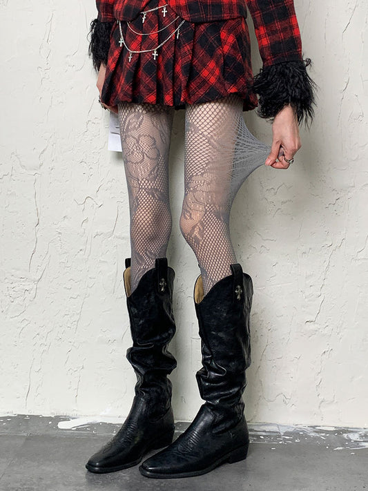 グレーのY2K中空花柄タイツ