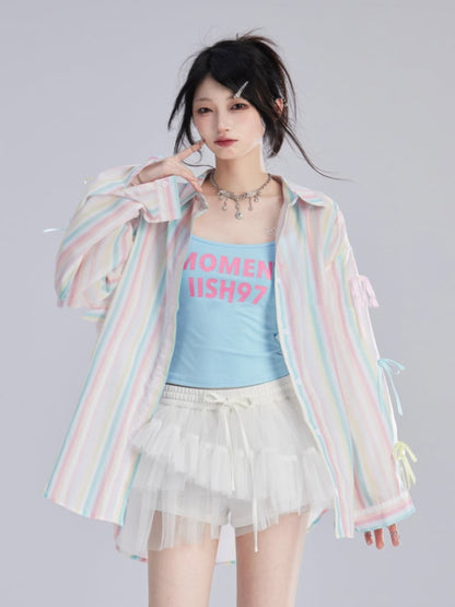 シャツ ゆったり カラフル 装飾 ストライプ 蝶結び 袖