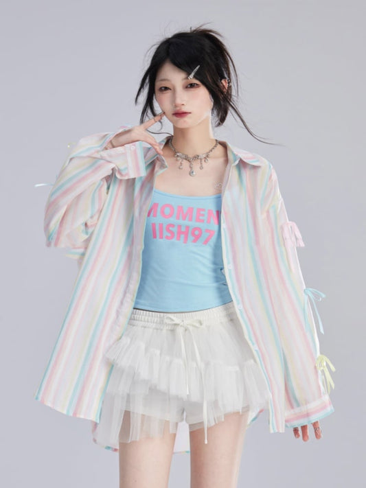 シャツ ゆったり カラフル 装飾 ストライプ 蝶結び 袖