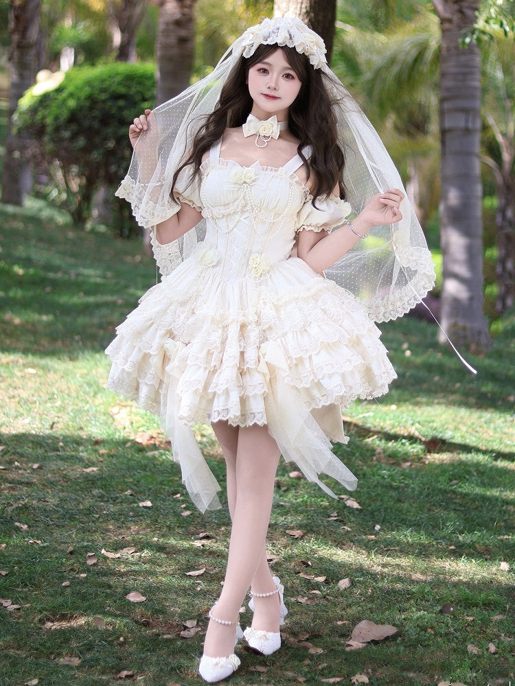 Hanayome Fairy Lolita Flower Basque Skirt Jumper Tiered Waist Hem Beige Dress