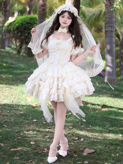 Hanayome Fairy Lolita Flower Basque Skirt Jumper Tiered Waist Hem Beige Dress