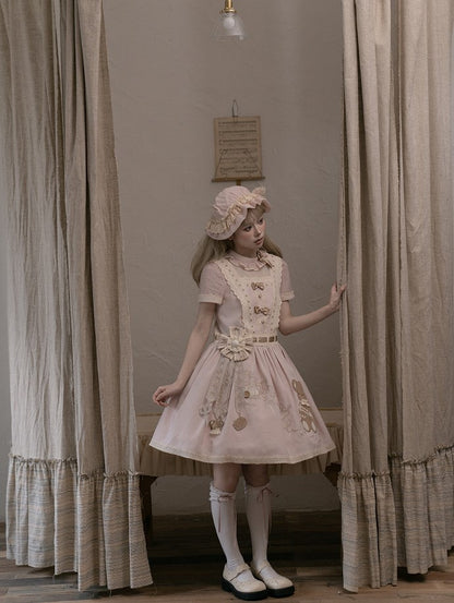 Sweet Waist Dropped Dress Embroidery Lolita Teddy Pink Bear with