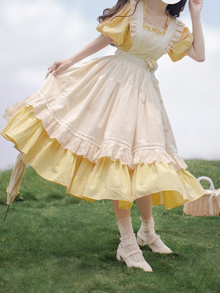 Plaid Lolita Yellow One Sleeves Neckline with Short Piece and Puff Square Sweet
