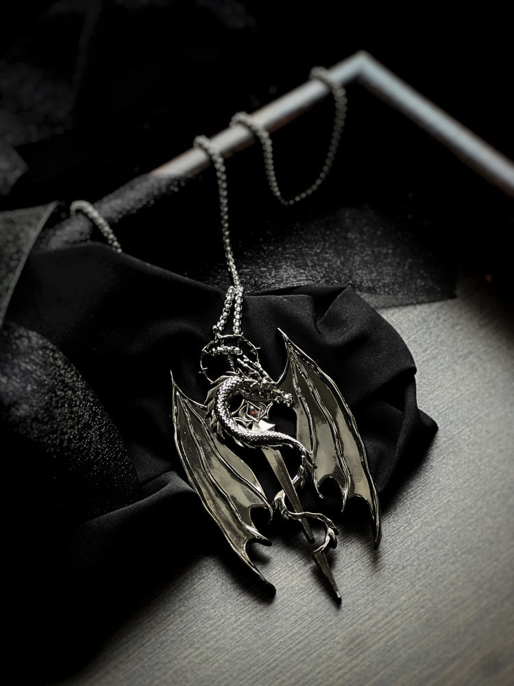 Gothic Dragon and Sword Pendant Necklace
