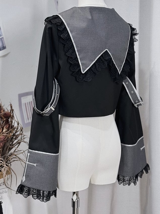 Langärmliges, kurzes, besticktes graues Oberteil und Kragenkreuz Ouji Black Square Lolita