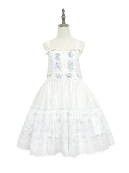 Sleeveless Tie Strap Shell Embroidered Dress in White and Blue - Yimu Walnut
