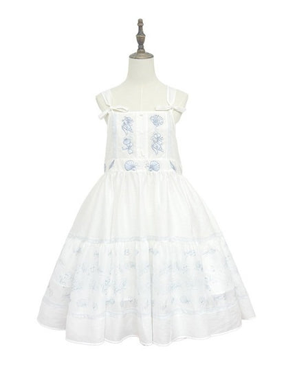 Sleeveless Tie Strap Shell Embroidered Dress in White and Blue - Yimu Walnut