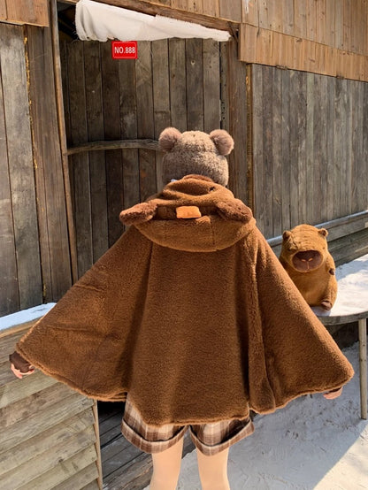 茶色のかわいいカピバラのフード付きジップ開閉フリースフード付きケープ