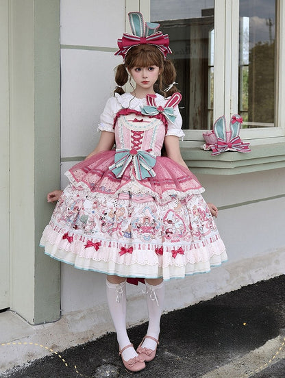 Pink & Green Alice Cat Vibes Sweet Lolita Jumper Skirt with Polka-dot Apron - Mewroco