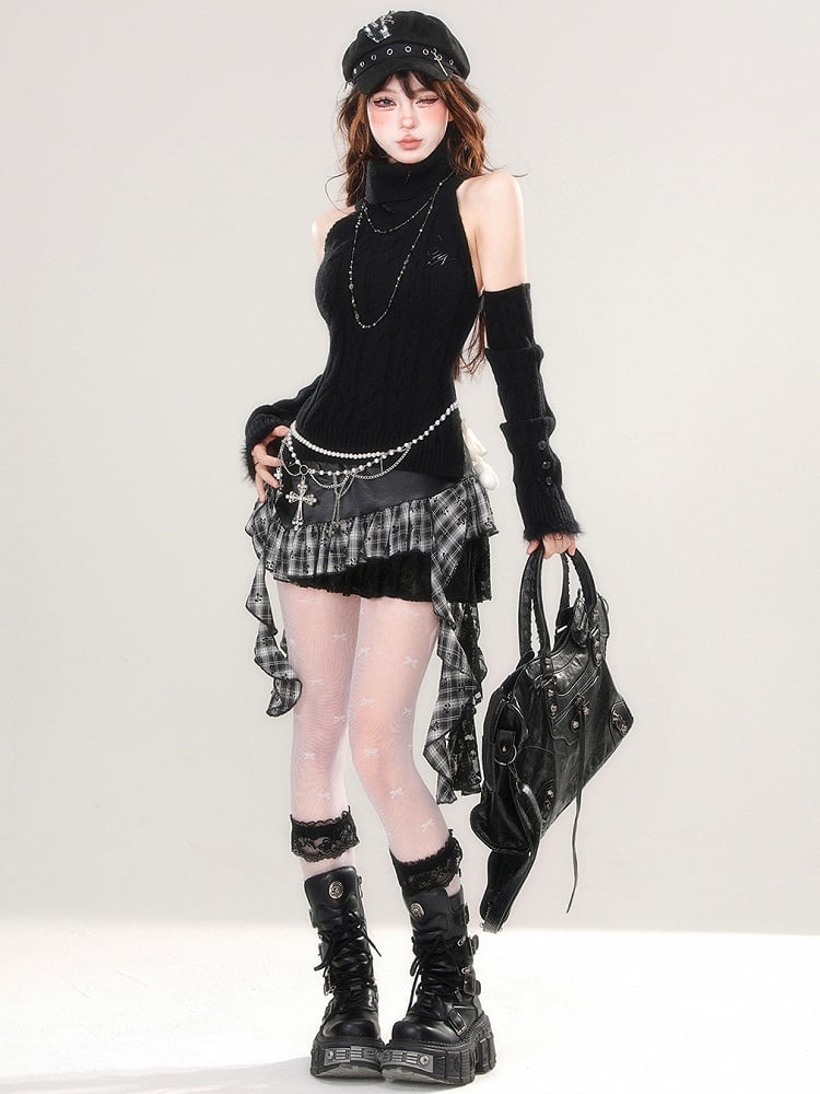 Black Turtle Neck Sleeveless Slim-fit Sweater with Detachable Sleeves