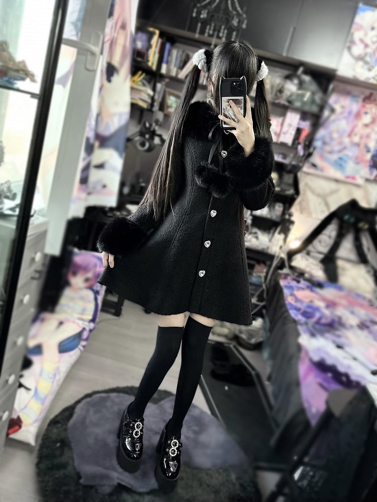 and Furry with Coat Kei Jirai Black Cuffs Slim-Fit Rhinestone-Embellished Collar