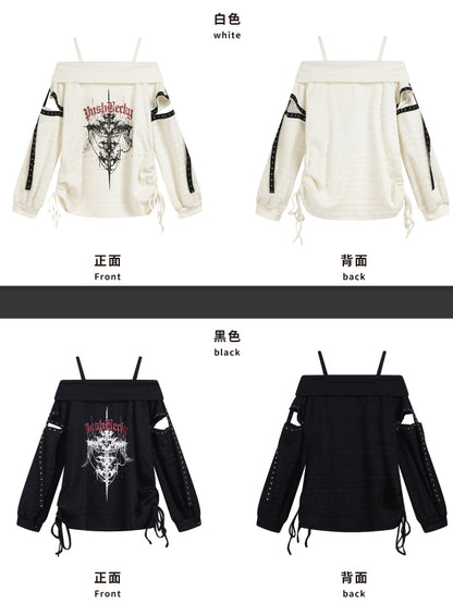 Y2K ブラック/ホワイト クロスプリント カットアウトディテール オフショルダー ネックライン パンクトップ
