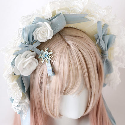 With Snowflake Hairclip White Blue Light And Floral Bowknot Sweet Bonnet Lolita Lace