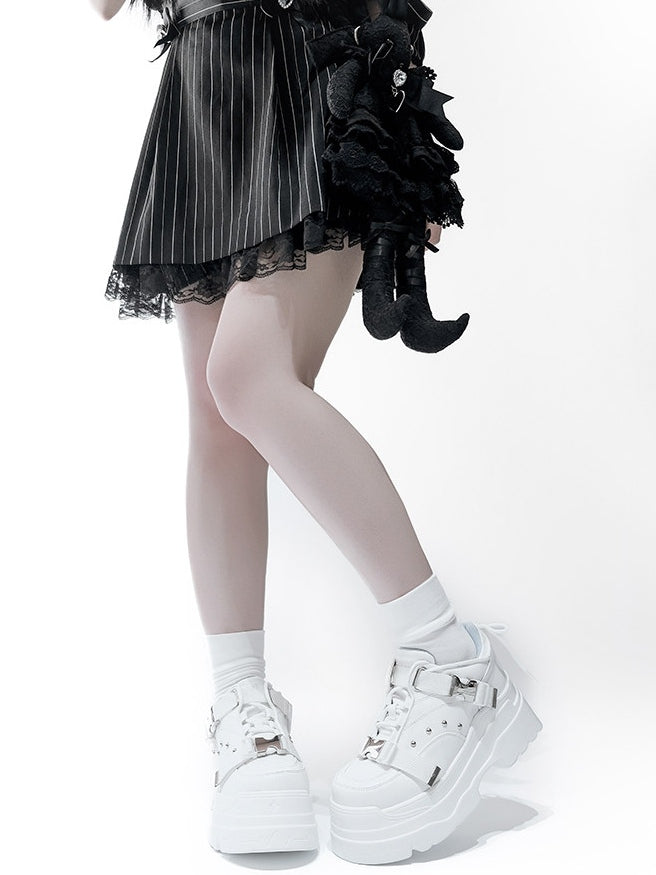 White Dual Platforms Techwear in Stud Matte Fastening Embellishments PU
