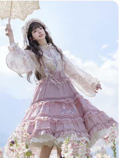 Sweet Purple Lolita JSK with Floral Embroidery & Ruffle Lace Trim - Luo Xiu Dong Xiang