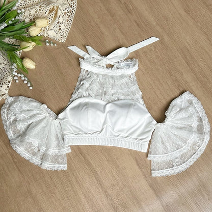 White Lolita Halter Top with Detachable Lace Sleeves - With PUJI