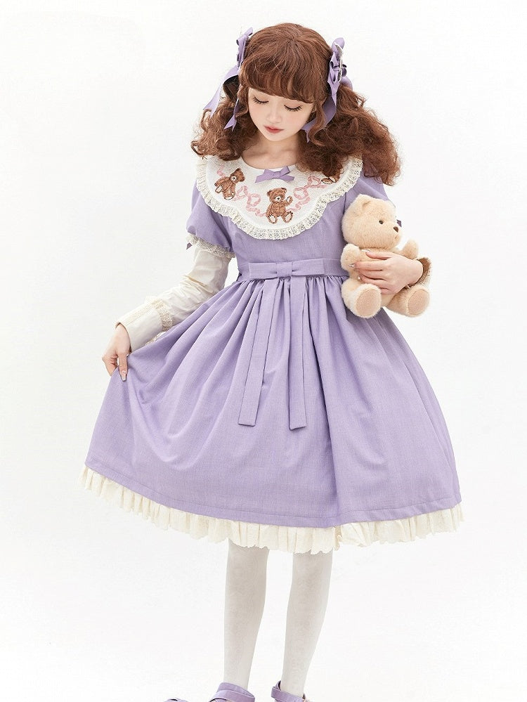 Sweet Lolita Lace Neckline Teddy Purple Sleeves Bear Embroidered Puff Trim Dresswith