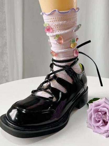 Decorated Cotton Fruit Socks 4 Lace Cutout Colors