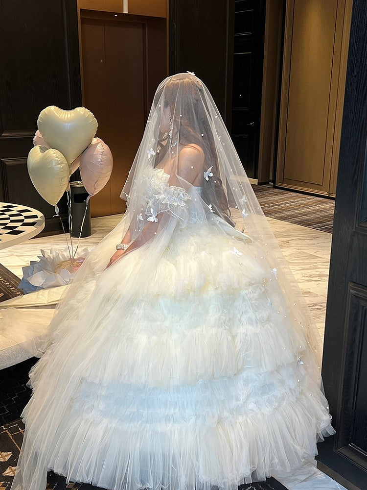 Ruffled Bow Accent with Details Layered Lolita and Tulle Hime White Dress