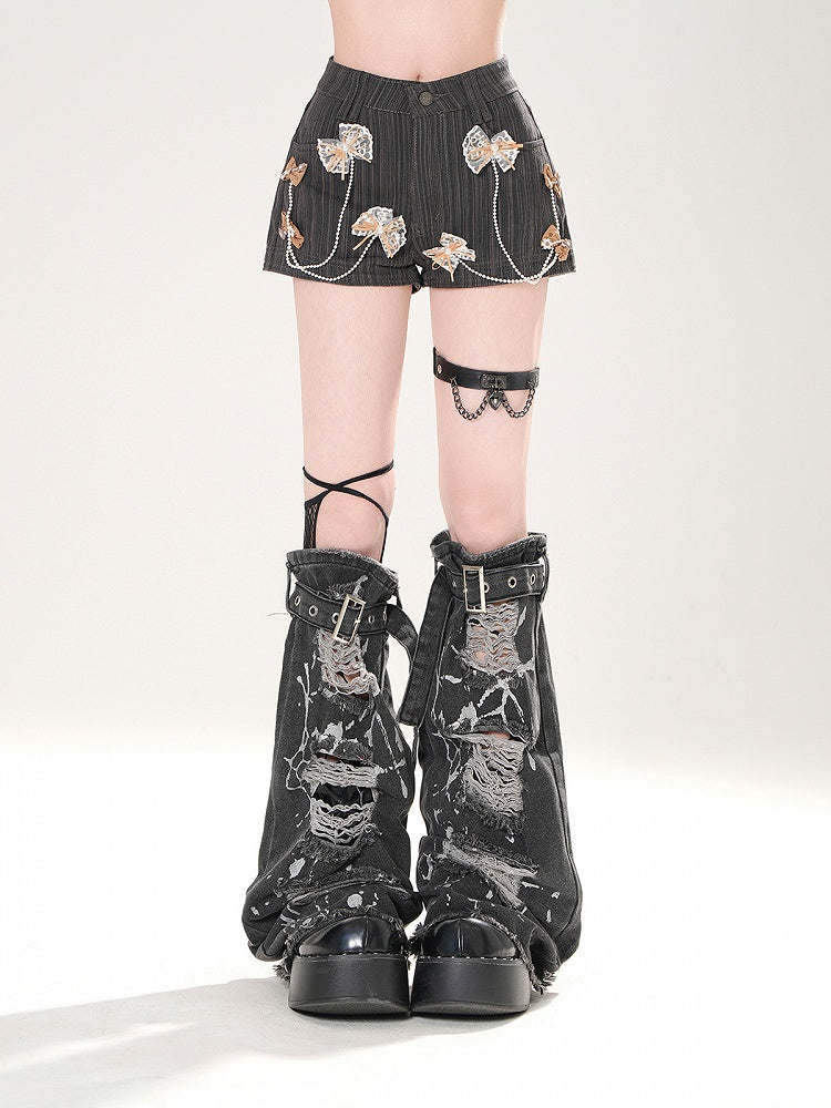 Dark Gray/White/Pink Bowknots Embellished Shorts with Beaded Chains