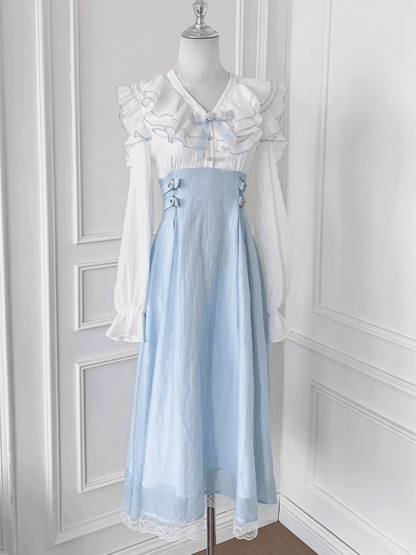 Flounce Blue Neckline Hem Tiered Jirai Kei Light