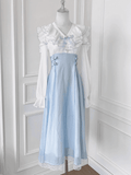 Blue Neckline Cutout Shoulder Dress Tiered Bowtie Flounce Jirai Kei Light Hem with