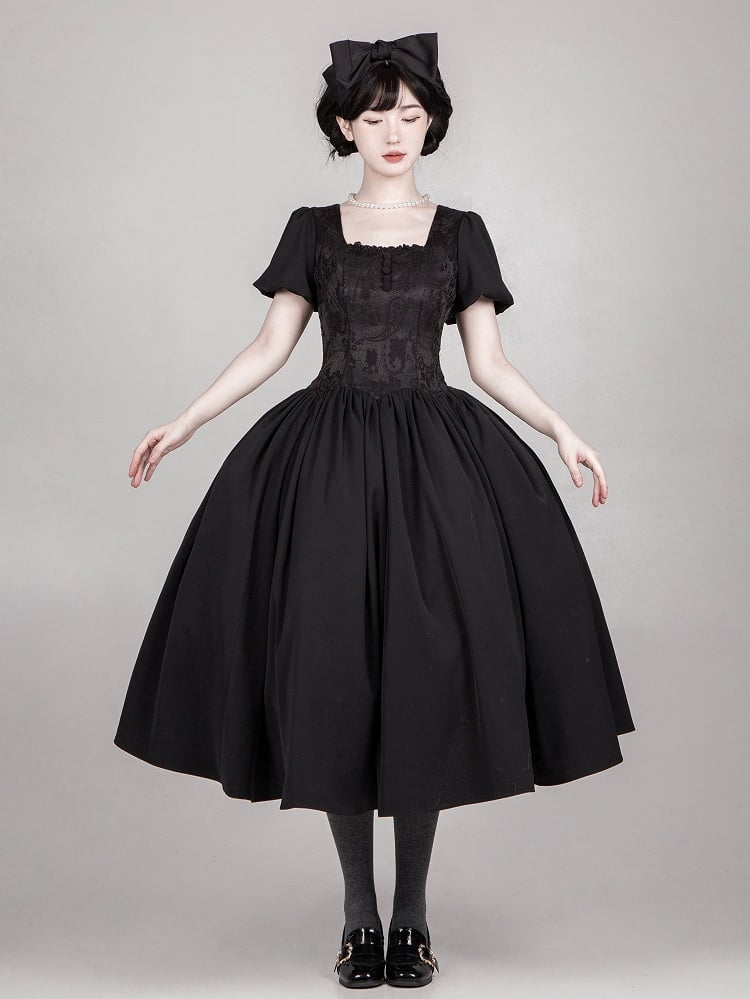 Robe Lolita noire élégante à taille baleinée et décolleté carré, version longue