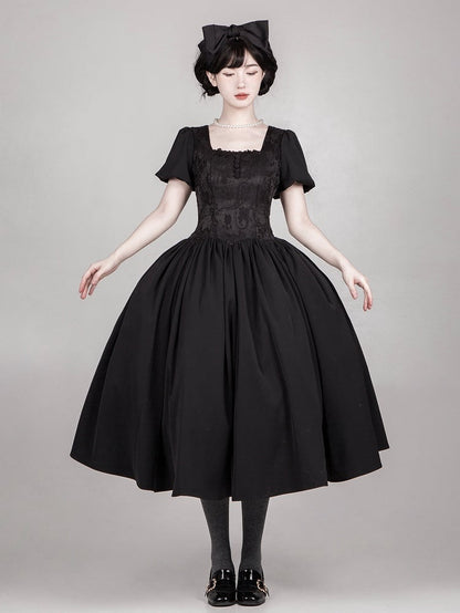 Black Long Version Boned Waist Square Neckline Dress Elegant Lolita Full Set