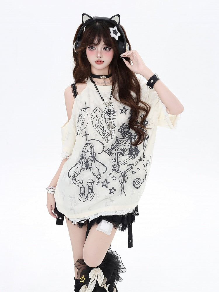 ブラック/ベージュ カットアウトショルダー グラフィティ ビタースイート Tシャツ エンジェルラッキー