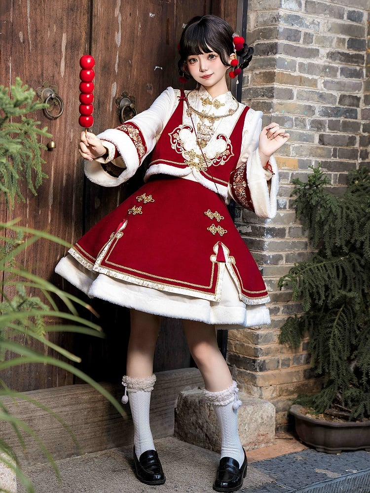 New Year Lolita Dress and Vest Set with Knot Buttons and Tassel Bag