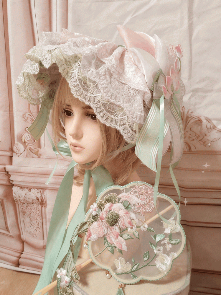 Lolita Embroidery Lotus Lace Hat Pink-Green Flat