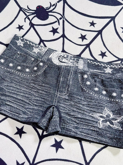 Y2K Denim Print Blue/Black/Gray With Shorts