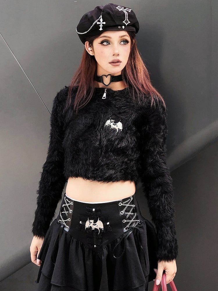 パンクなブラッククロスアップリケクロスチェーンディテールベレー帽